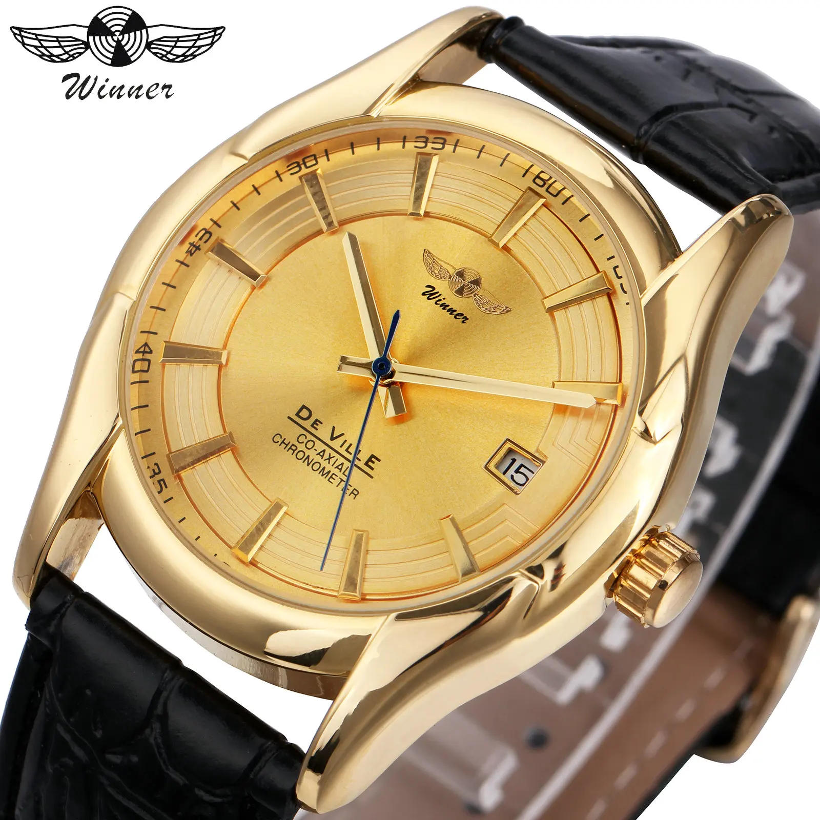 

WINNER Concise Fashion Automatic Mechanical Watch Men Leather Strap Calendar Black Dial Mens Watches Top Brand Luxury relogio