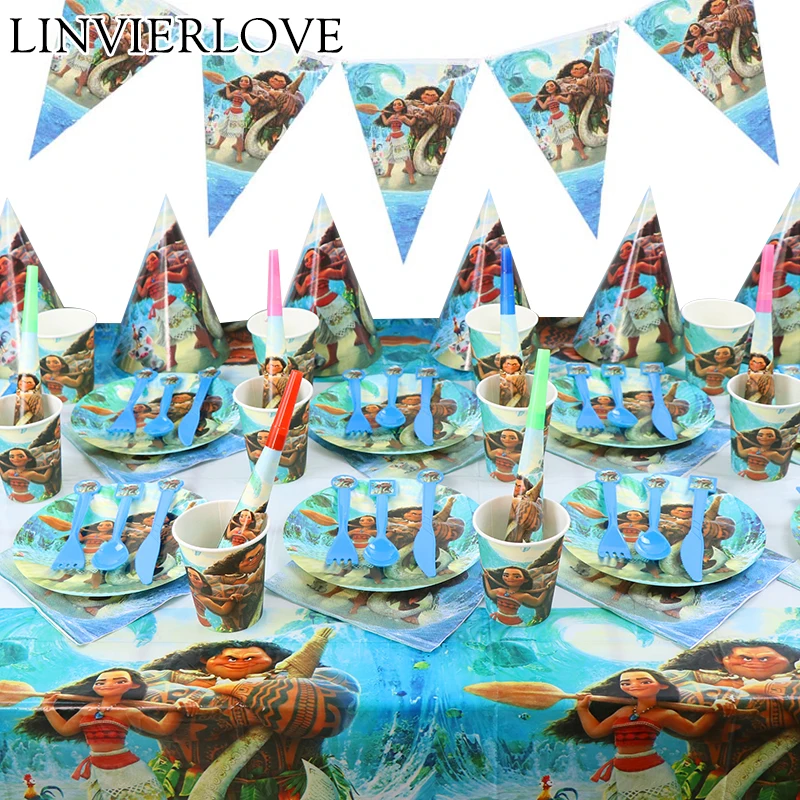 

Moana Theme Disposable Tableware Set Cartoon Party Plate Napkins Banner Candy Box Birthday Baby Shower Party Decor Supplies