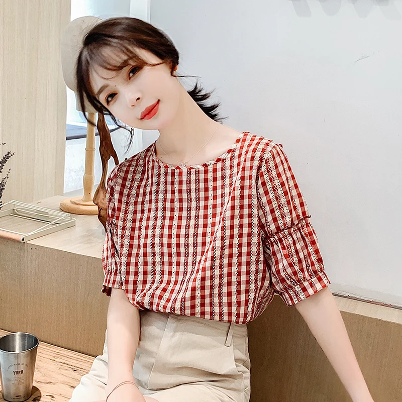  New Cute Women Shirts Plaid Short Sleeve Chiffon O-Neck Small Blouse Shirt Grey It All 588