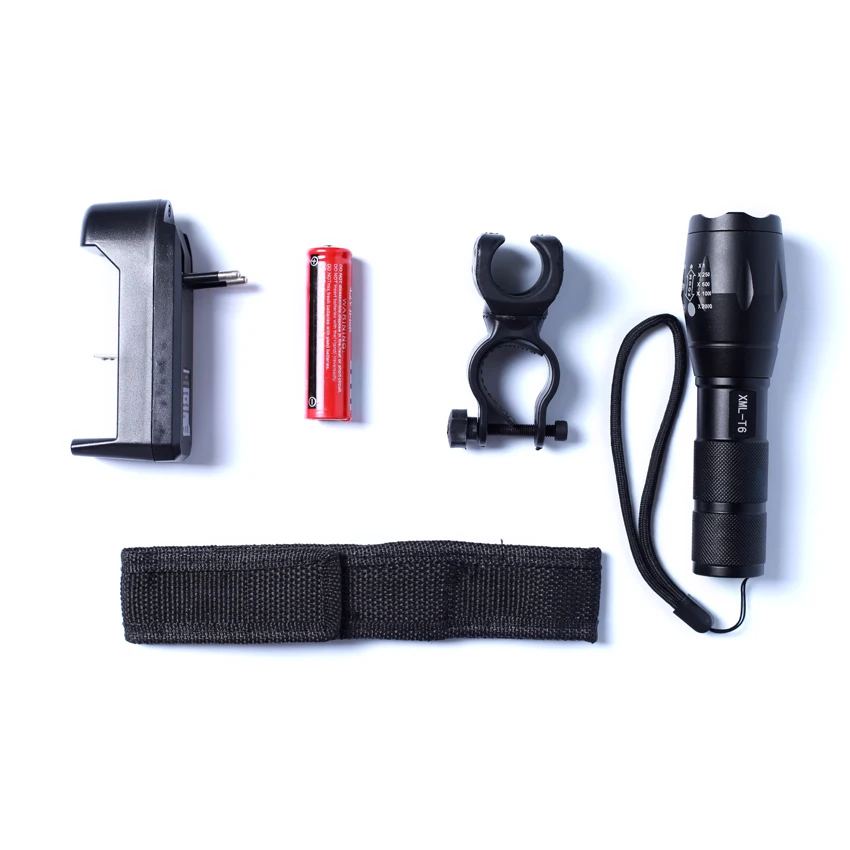 

E17 CREE XM-L T6 2000 LM High Power Torch Zoomable LED Flashlight Torch Light +18650 Battery + Charger+Bicycle Rack+Cloth Cover