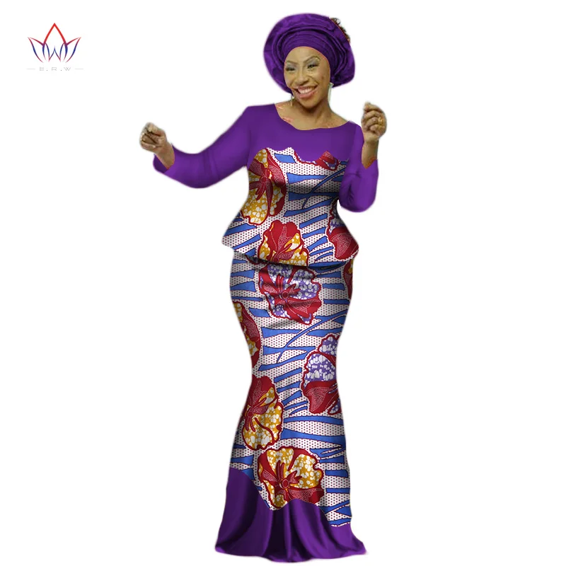 Africa Style Bazin Riche Dresses for Women Two Pieces Set Women Long Sleeve Tops and Long African Print Skirt Plus Size WY2454