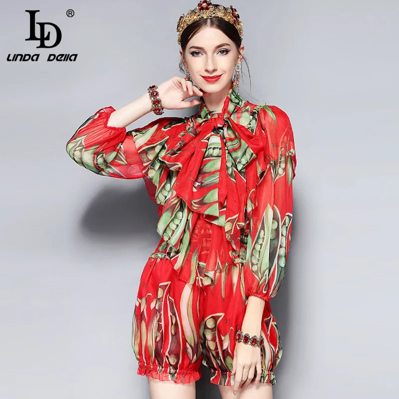 

LD LINDA DELLA New Fashion Designer Summer Suits Women's Bow Collar Ruffles Chiffon Printed Shorts Set