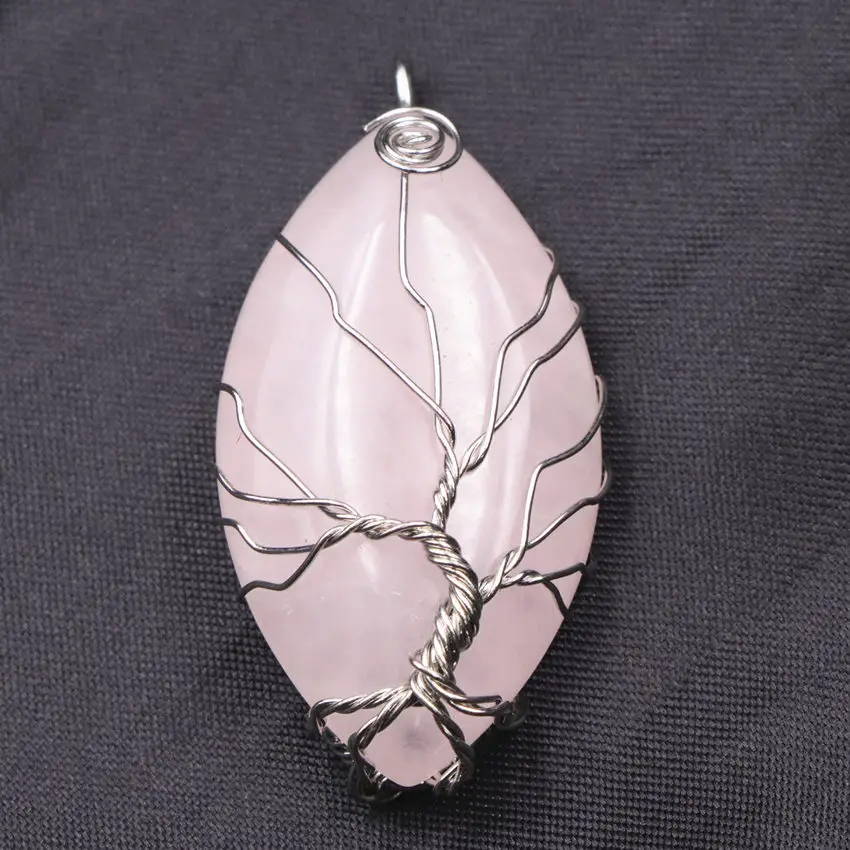 CharmsNaturalStonePinkJadesTreeofLifeWireWrapDropPendant