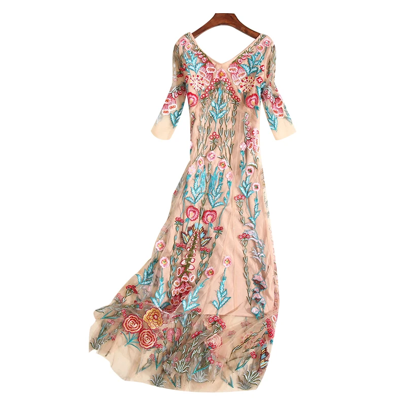 

High quality long dresses with flowers fashion runway embroidery elegant A-line long party embroidered mesh dress S-XXXL