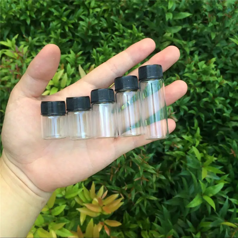 

5ml 6ml 7ml 10ml 14ml Mini Glass Bottles With Plastic Black Screw Cap Transparent Glass Vials Plastic Jars Bottles 100pcs