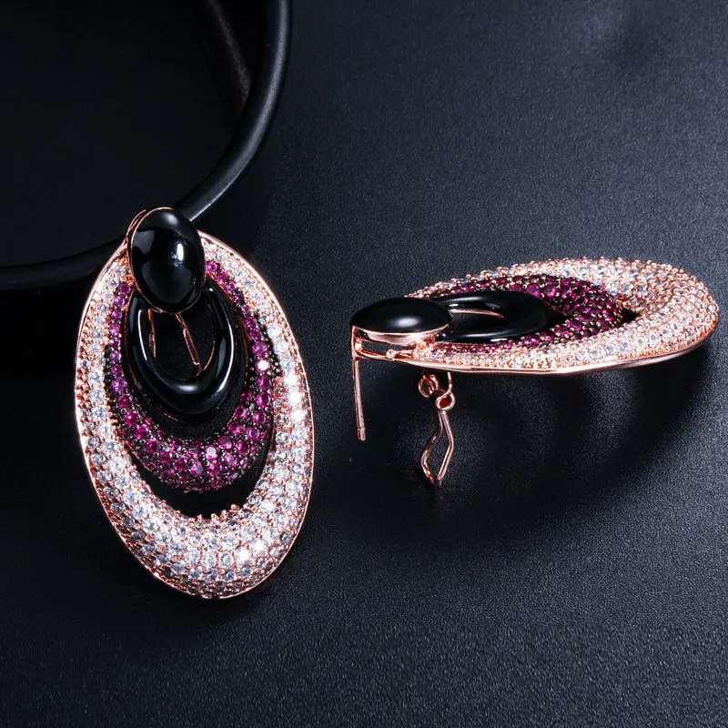 ThreeGraces Nigerian Luxury Brand Micro Pave Cubic Zirconia Rose Glod Color Big Round Dangle Earrings Jewelry for Women ER025