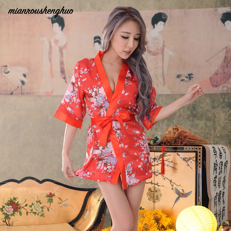 

Erotic Underwear Cosplay Silk Pajamas Ladies Lingerie Women Sexy Kimono Bathrobe Deep V Three Point