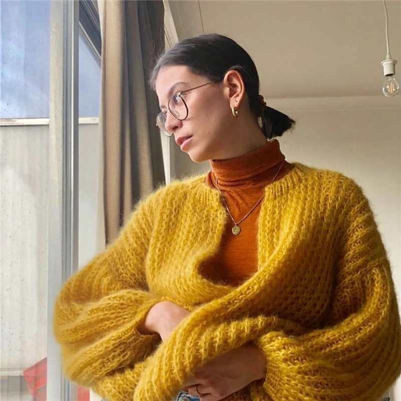 2019 Women Knit Fashion Lantern Sleeve Casual Knitted Poncho Sweaters Coat Lady Spring Wool Cardigan |