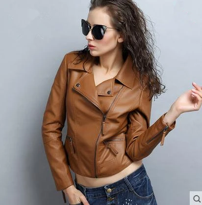 Женская кожаная куртка и пальто искусственная кожа застежка куртка мотоцикла с отложным воротником внешнее английское пальто Cuir Femme CJJ0050 - Цвет: brown