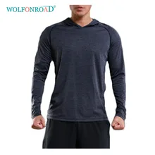 WOLFONROAD, Осенние тонкие мужские футболки для бега, для тренажерного зала, фитнеса, с длинными рукавами, свитер, быстросохнущая, для тренировок, походов, с капюшоном, спортивная одежда