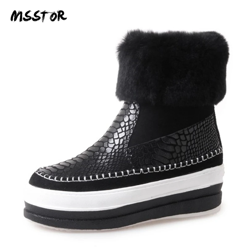 Bout D'hiver Caoutchouc Fourrure Mode Occasionnel Neige En 2018 forme Rond Wedge Peluche Joker Msstor De Black Bottes Femmes noir Suede Sexy Noir Plate Cow qUxaA