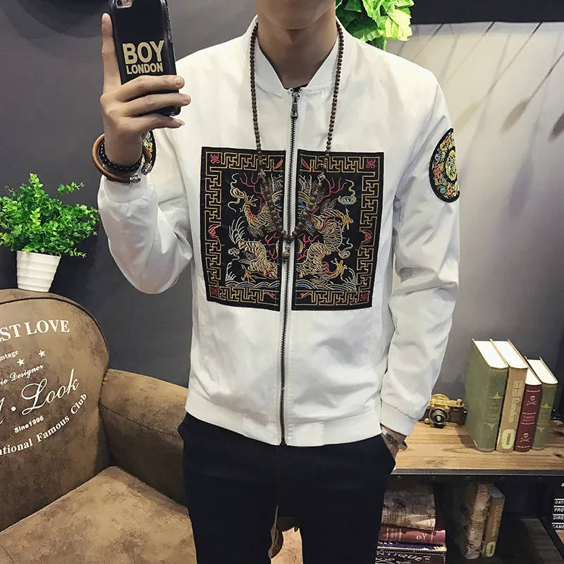 Spring Men Bomber Jacket New Chinese Embroidery Fashion Jackets Men Slim Fit Long Sleeve Men Casual Coats Windbreaker 5XL-M
