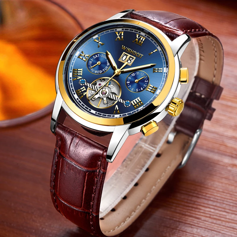 WISHDOIT الرجال الساعات التلقائي الميكانيكية ووتش توربيون الرياضة ساعة الجلود عارضة الأعمال الرجعية ساعة اليد Relojes هومبر
