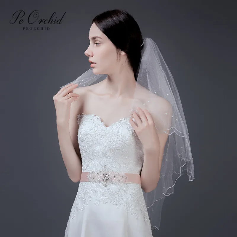 

PEORCHID Short Wedding Ceil 2 Layer Vintage Pearls Veiling Voile De Mariage Simple Cheap Bridal Veil Accessories 2019