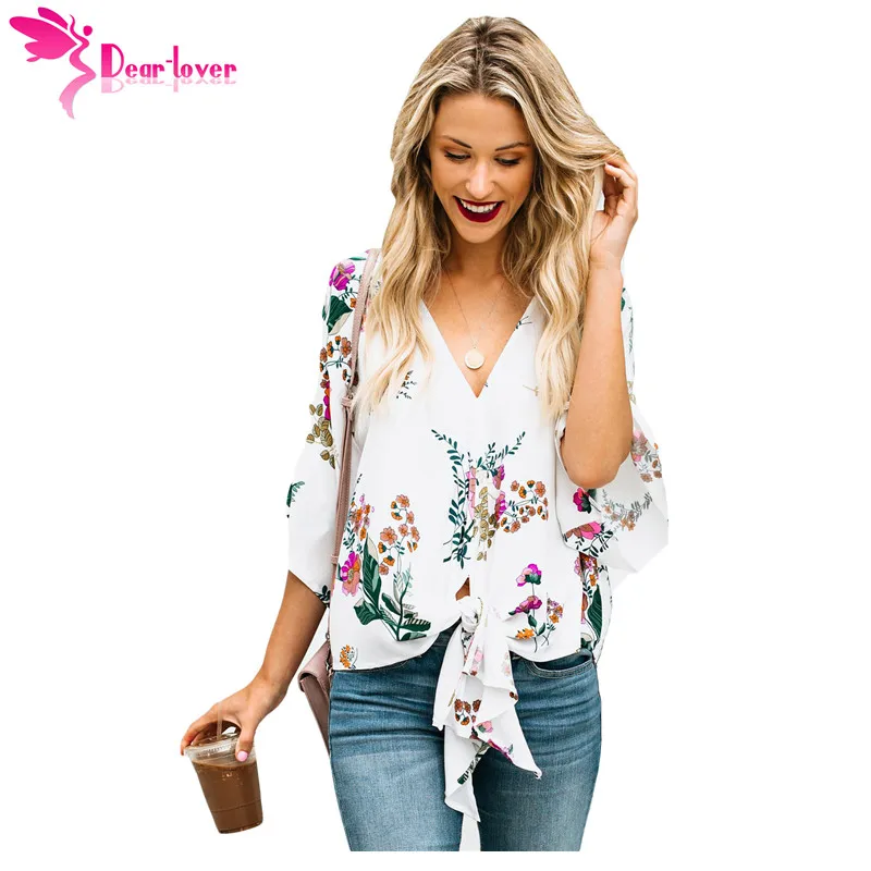 Prix Cher Amant Automne Chemises Femmes Tops Corail Fleuri Imprimer V cou Cravate Avant Kimono Manches Blouse Vacances Blusas Feminina LC251052