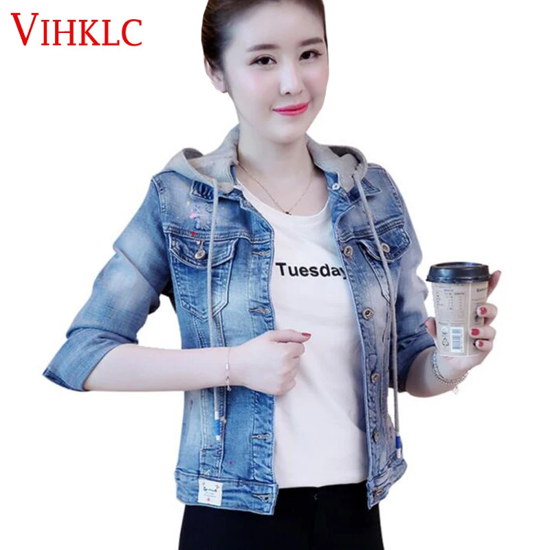 

VIHKLC New Oversized Jeans Jacket Women Autumn Slim Hooded Jean Jacket Coat Female Ripped Boyfriend Denim Jackets T521