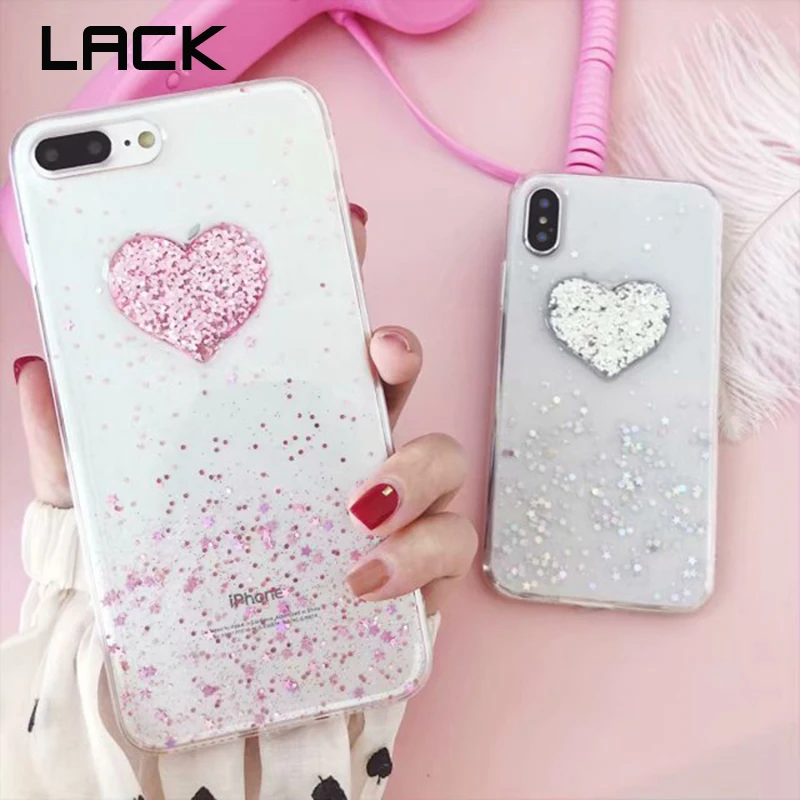 

LACK Luxury Stereoscopic Love Heart Clear Phone Case For iphone 7 Cute Sequins Glitter Cartoon Cases For iphone 6 6s 8 Plus X