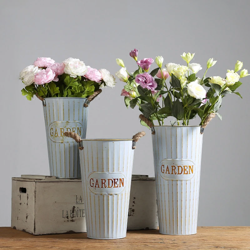 

Simple Pastoral Style dried flowers Tin Bucket wrought iron Flower Pot Garden flower shop decoration Vase
