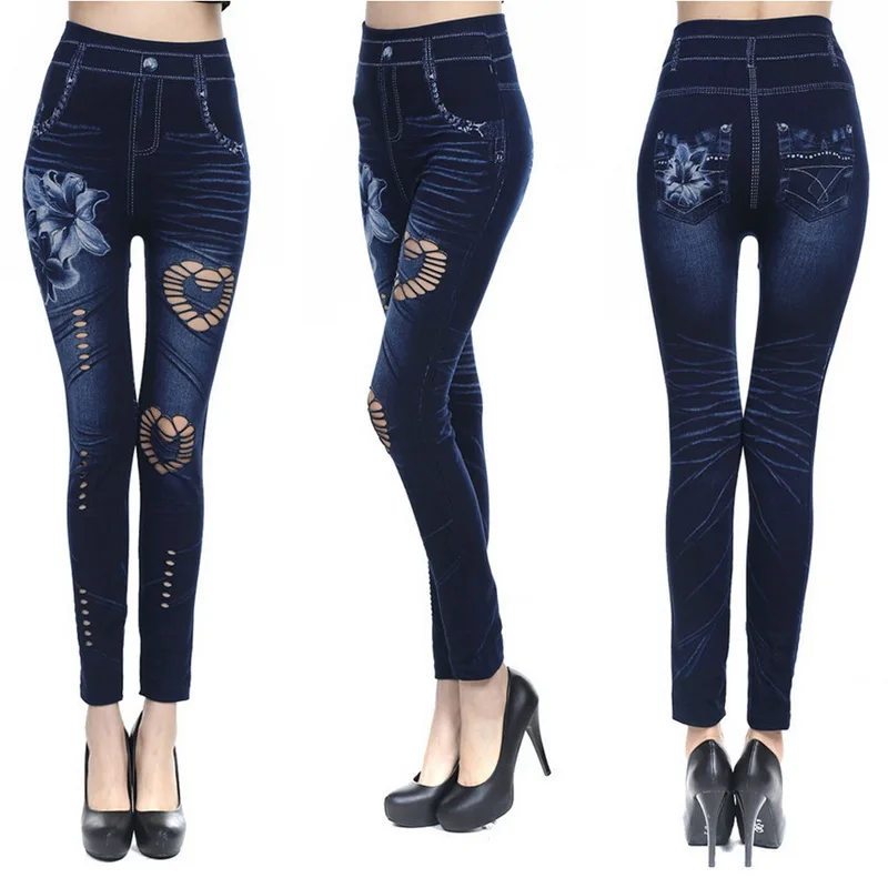 

HEFLASHOR Women Sexy Leggings Fashion Casual Floral Print Hollow Out Faux Denim Leggin Skinny Pencil Pants Plus Size 3XL Bottom