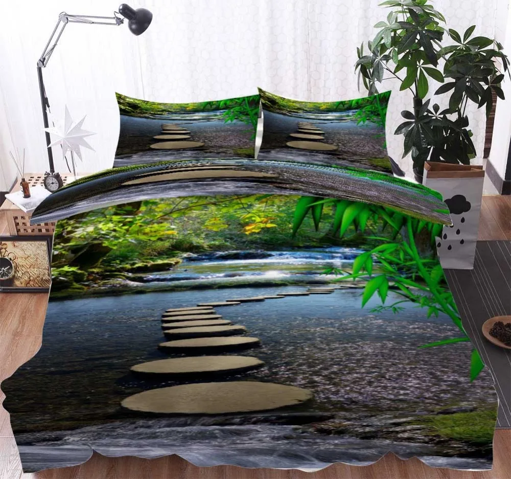 Customization Moss River 3d Scenic Bedding Set Print Forest Duvet