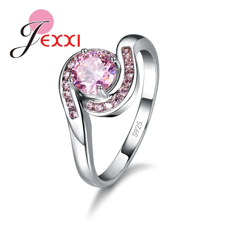 JEXXI Romantic Girls Rings Fashion Female Pretty Jewelry Pink Austrian Crystal S90 Silver Women Ring Size 7 8 9