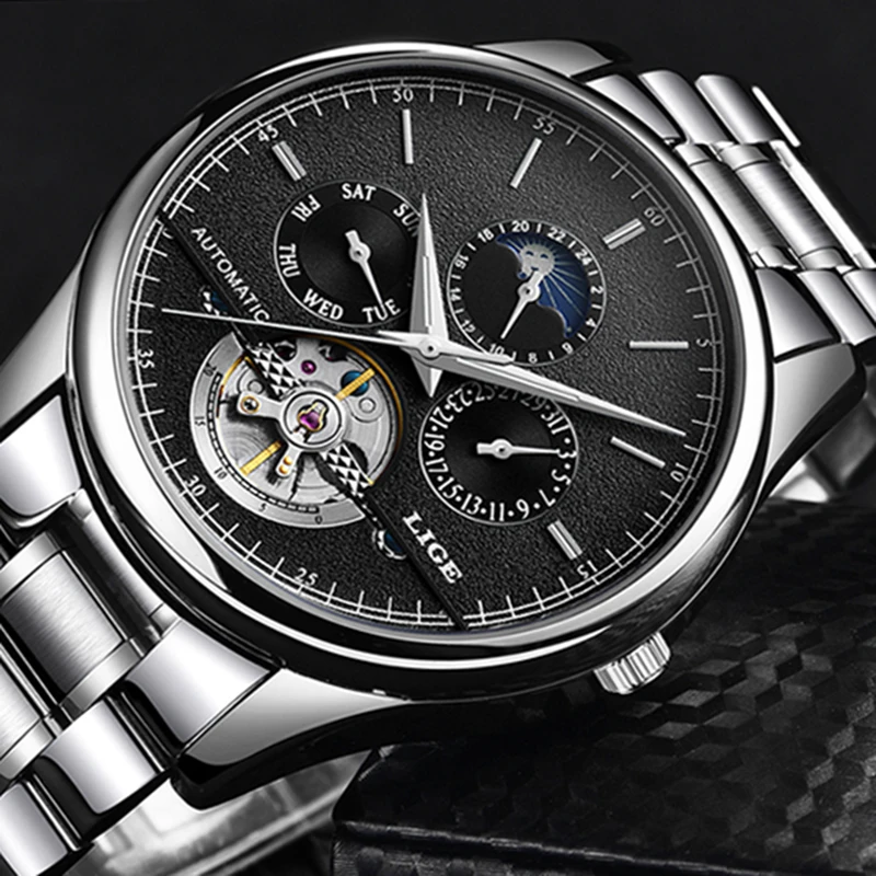 Мужские часы LIGE фирменные роскошные механические Tourbillon модные деловые с