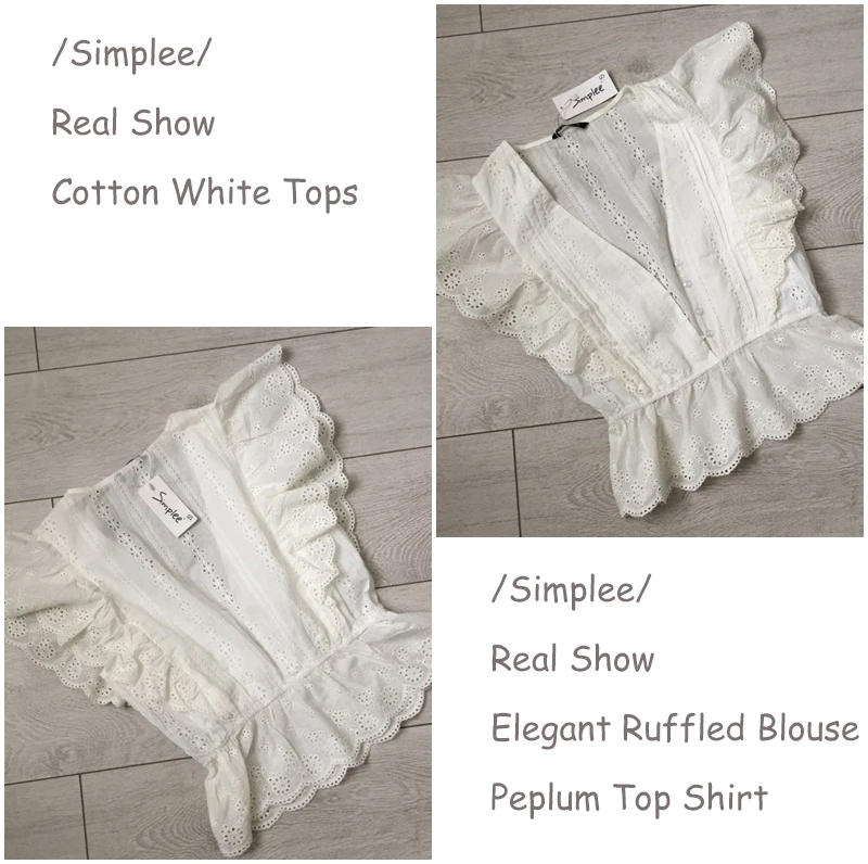 Женская рубашка Simplee с V-образным вырезом,женский элегантный топ с рюшами и вышивкой, с высокой талией, женский летний хлопковый повседневный белый топ