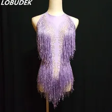 Фиолетовый красный с кисточками боди Блестящие кристаллы спинки боди бар женщины певица DJ костюм подиум для моделей латинский сценический наряд