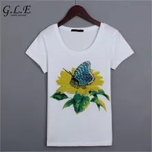 

Geleier 2018 Summer T-shirt Handmade beading tshirt women tops fashion sequined Sunflower butterfly cotton t-shirt female tees