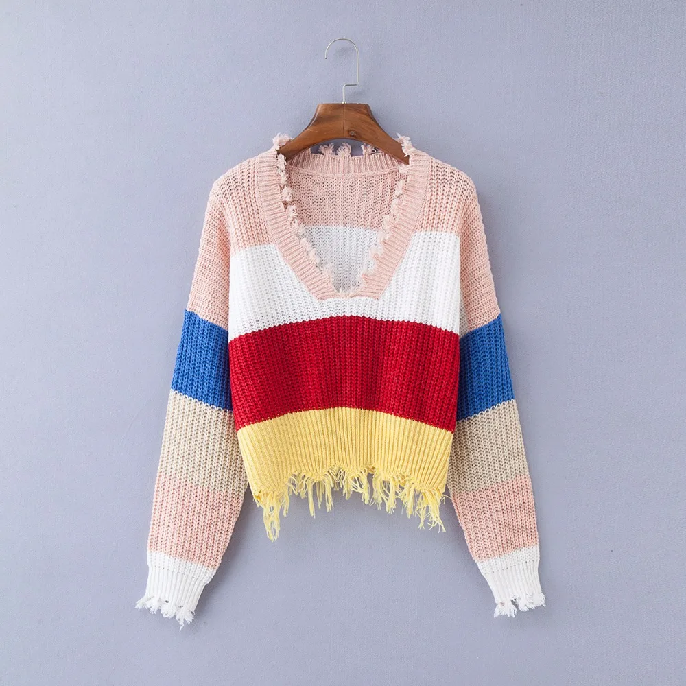 Rainbow Striped V Neck Sweater Women Tassel Loose Irregular Pullovers 2018 New Spring Autumn Ripped Fringe Knitted Jumper Femme | Женская