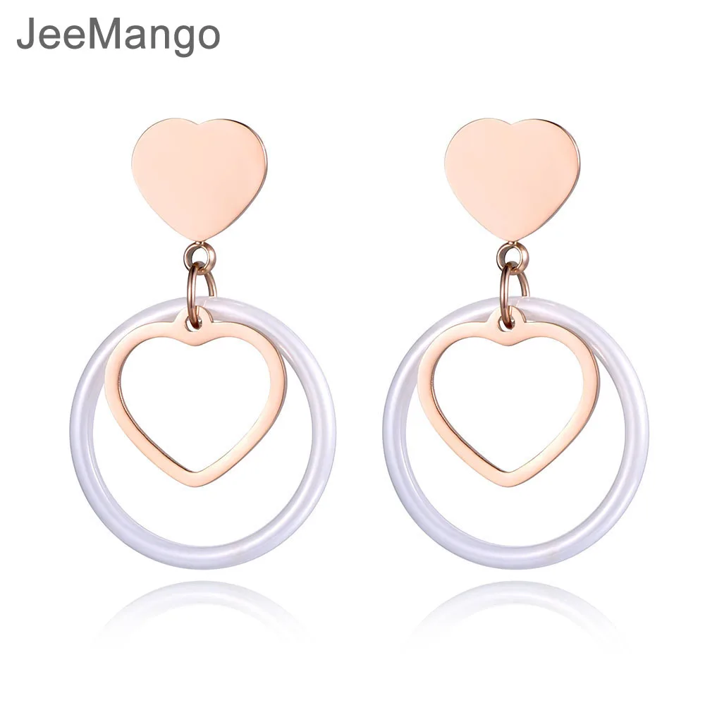 Jeemango Романтический Нержавеющая сталь белые серьги-гвоздики из керамики, ювелирное изделие для Для женщин цвета розового золота Двойное сердце свадебные серьги JE19033