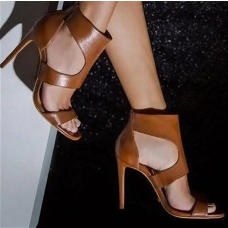 

ECN 2019 New High Heel Sandals Solid PU Leather Zip Ladies Pumps Party Dress Sexy Peep Toe Ladies Summer Shoes Retro Female Shoe