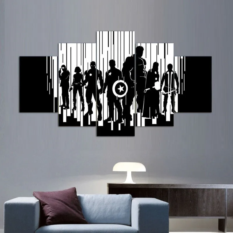 

Modern Painting Canvas Wall Art Modular Pictures Frame Home Decor 5 Panels Black White Avengers HD Printed Movie Poster PENGDA