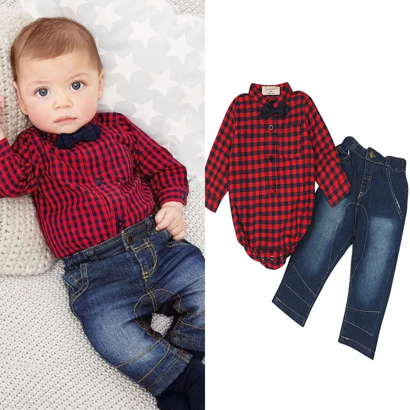 

0-24M Newborn Baby Boys Clothes Plaid Casual Shirt+Jeans Infant Toddler Kids Clothing Set Baby Bodysuit Stripped