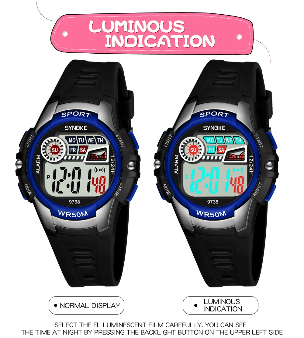 SYNOKE мальчики девочки дети водонепроницаемые часы подарки светодиодные цифровые светящиеся Спортивные часы Пластиковые Дата Будильник