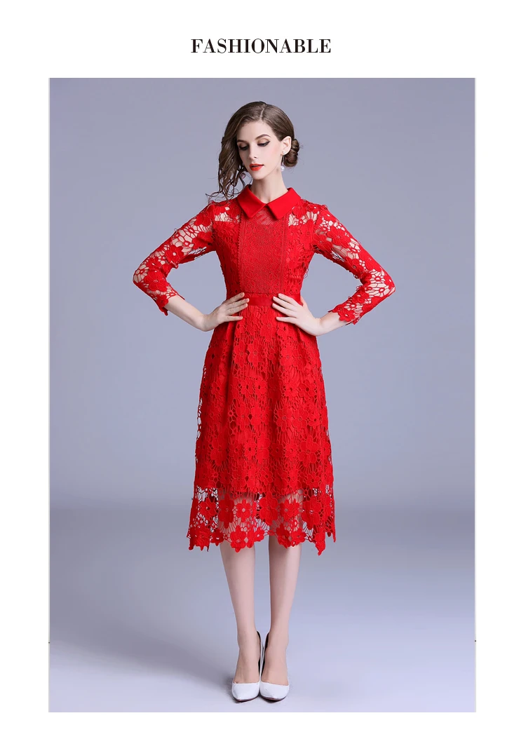 Подиумное женское ажурное вязаное платье с цветком, водорастворимое кружевное платье, весеннее женское платье с воротником Питер Пэн и длинным рукавом, красное платье миди