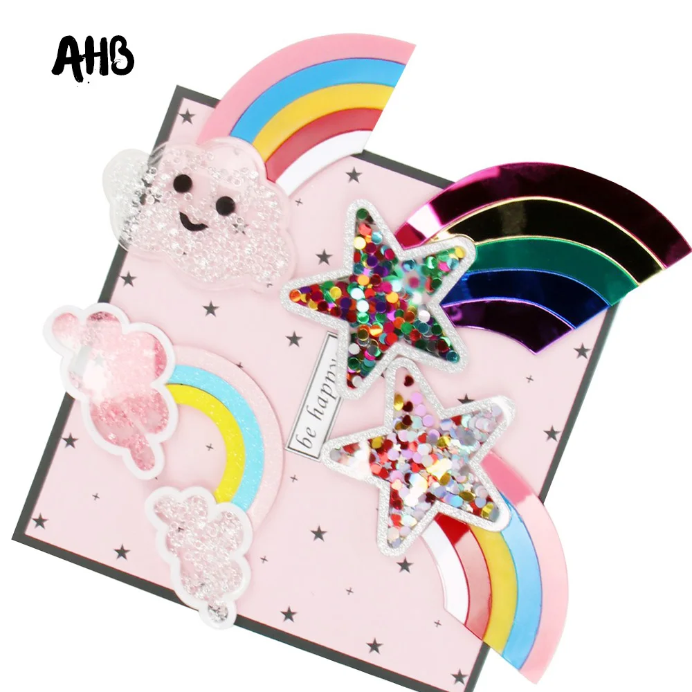 

AHB Rainbow Star Liquid Quicksand Cover Two-Clouds Sequin Filling Acrylic Accessories For Phone DIY Hair Bow Cream Patch Cases