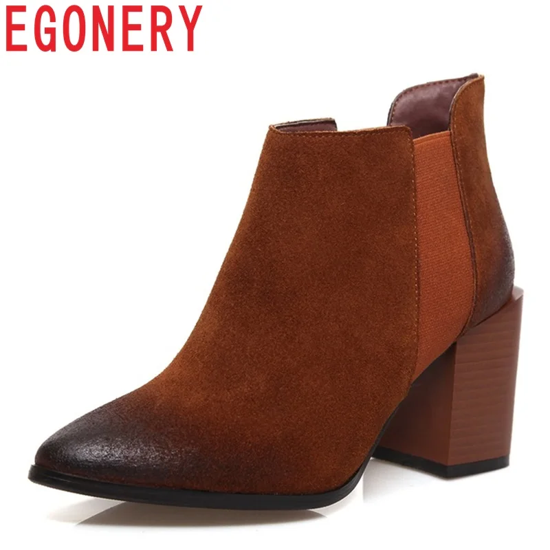 

EGONERY ankle boots elastic band gradient color square high heels grind arenaceous pointed toe winter shoes big size 33-40