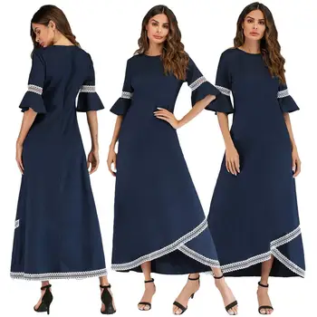 

Muslim Women Flare Sleeve Maxi Dress Evening Party Abaya Lace Hollow Out Dress Summer Dress Solid Color A-line Islamic Clothing