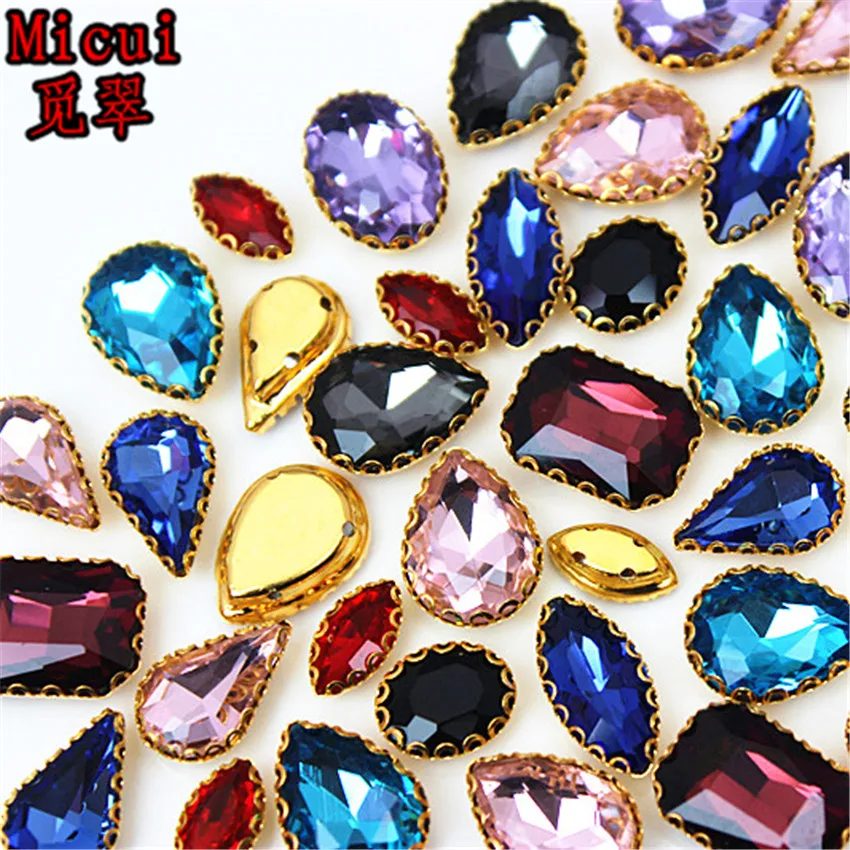 

Micui 30PCS mixed shape Glass Sew On with Gold Copper Claw Crystal Sew On Claw Rhinestone Glitter Strass For Clothes MC736