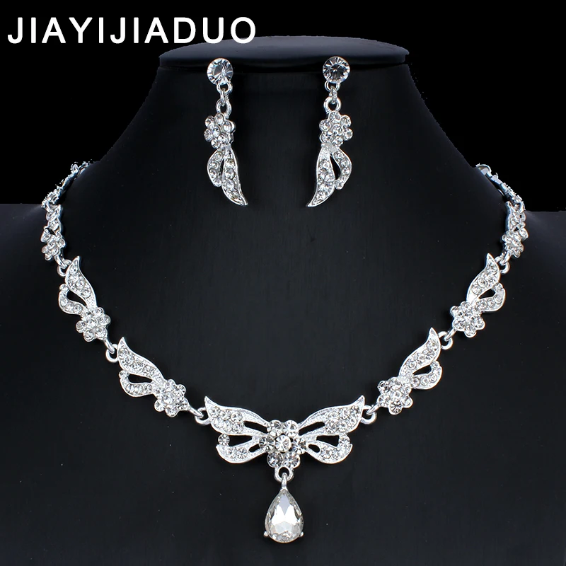 

jiayijiaduo Women's Wedding Jewelry Set Silver Color Crystal Necklace Earrings Set Girls Banquet Dress Gifts dropshipping NE+EA