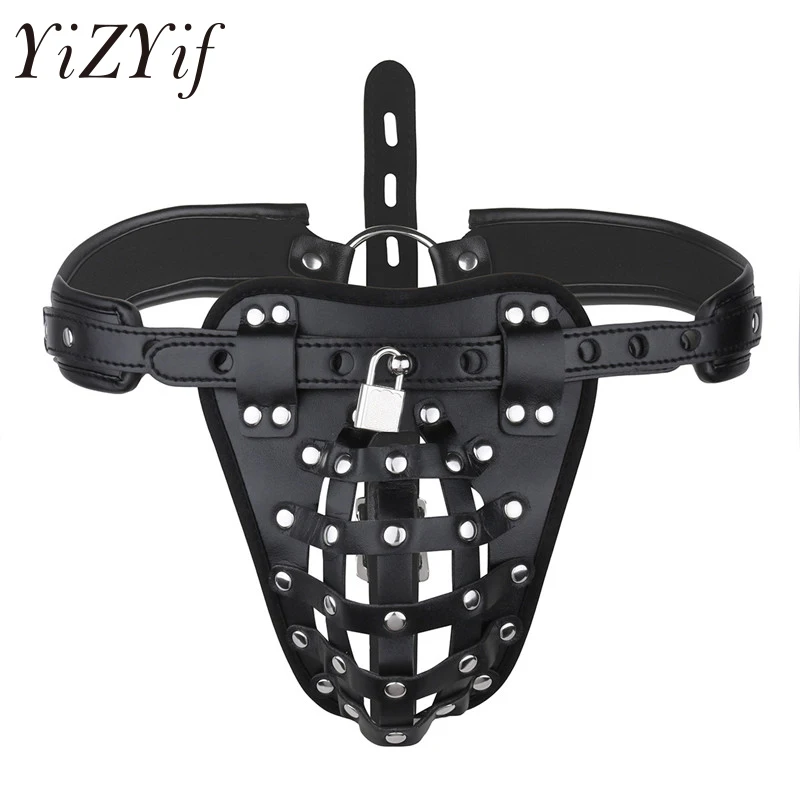 

YiZYiF Sexy Mens Fetish Crotchless chastity Panties Penis Harness G-string Man Hollow Out Lingerie Jockstrap Underwear with Lock