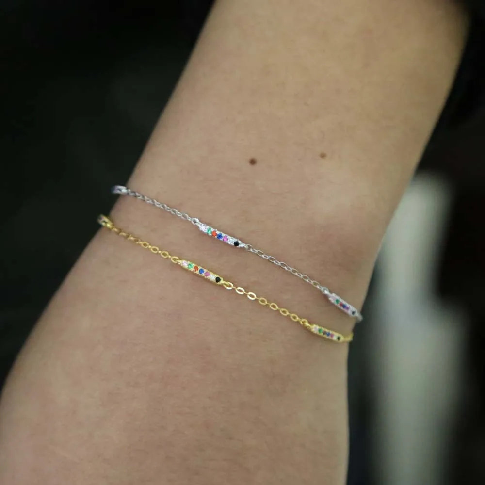 

Fashion thin chain bracelet bar rainbow pave multi colors zircons delicate link chain bracelets 100% 925 sterling silver jewelry