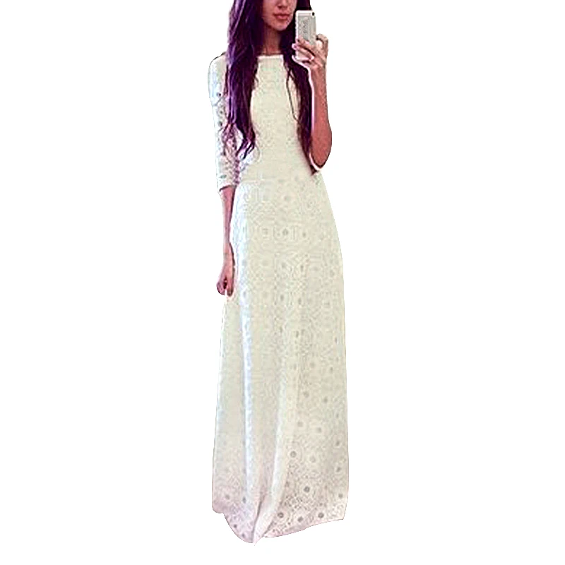 ZANZEA 2018 Spring Autumn Women Dress Half Sleeve White Lace Hollow Slim Elegant Maxi Long Dress Party Vestidos Plus S-4XL