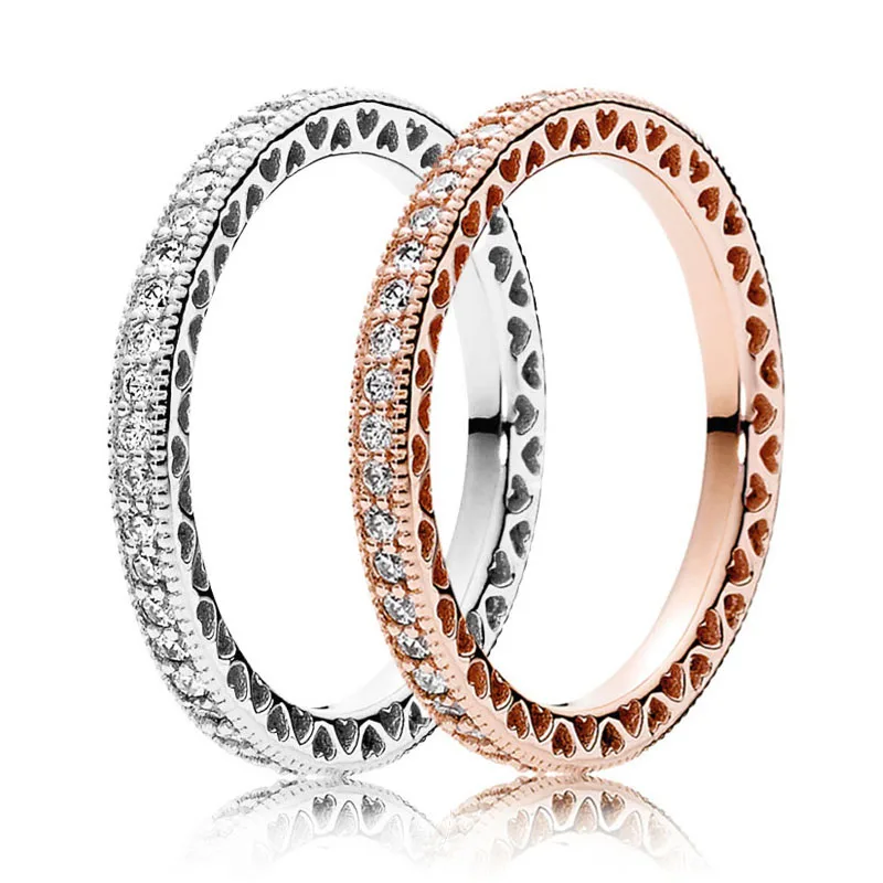 

30% 925 Silver Rose Gold Hearts of Silver Stackable Rings With Crystal For Women Wedding Party Gift Fine Pandora Jewelry