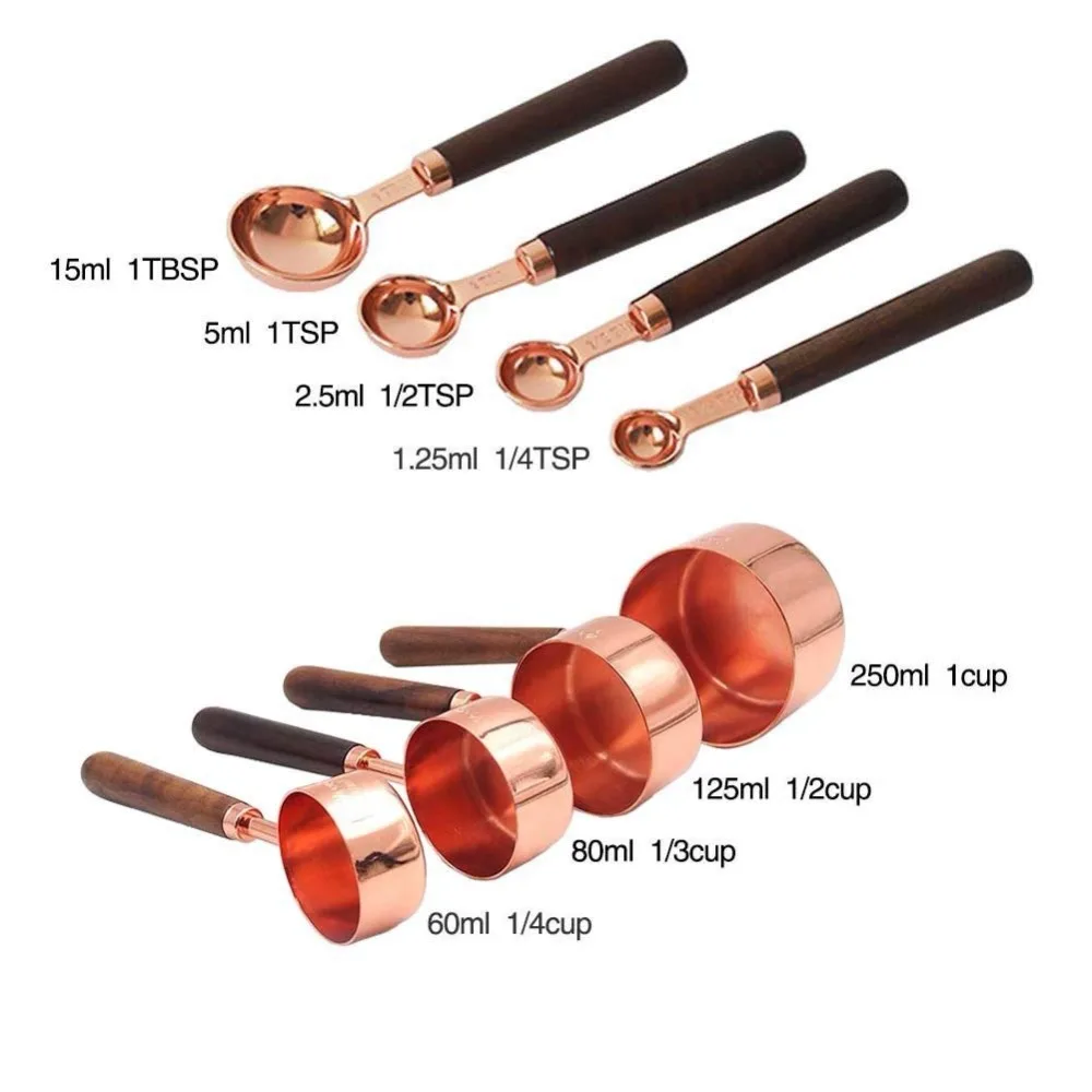 4Pcs/Set Rose Gold Stainless Steel Measuring Cups And Measuring Spoon Scoop Set Wooden Handle Kitchen Tool For Baking measuring cups and spoons set