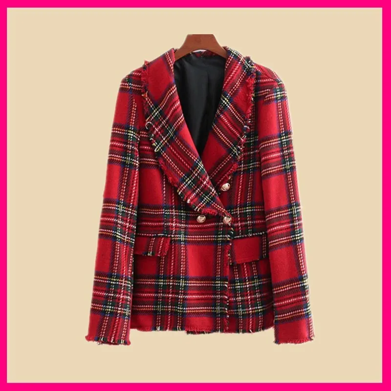 

2018 Autumn Women Red Check Plaid Tassel Blazer Notched Vintage Soft Woolen Pockets Fringed Slim Coat