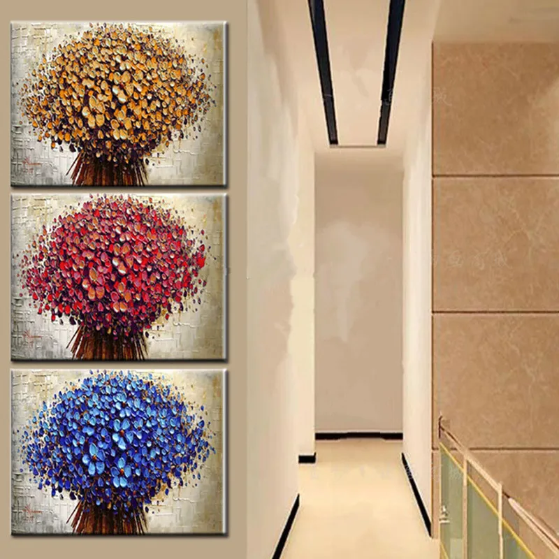 

3 Piece Hand-painted Modern Abstract Flower Oil Paintings on Canvas Home Decor Wall Art Knife Red Blue Floral Pictures Big Sales