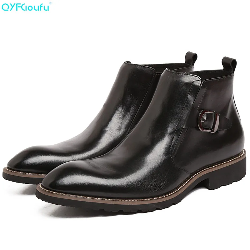 

2019 high quality 100% Genuine Cow Leather work boots buckle Handmade Full mens dress boots Casual Men's Ankle Boots