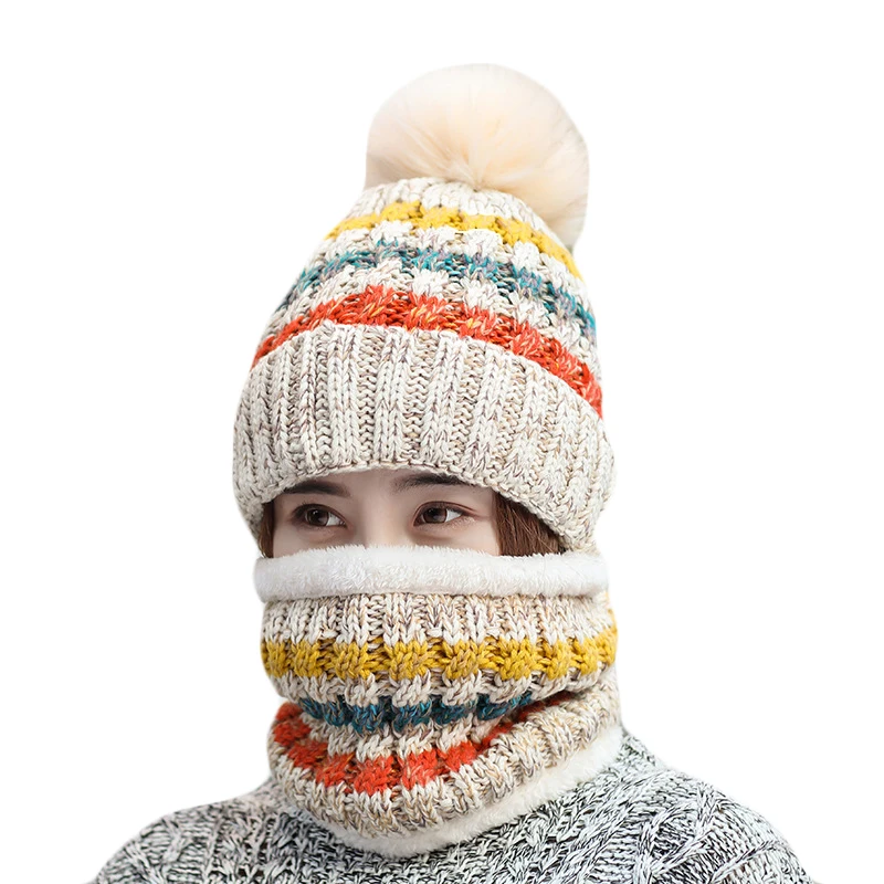 Новая модная зимняя шапка, шарф, комплекты для Для женщин; теплая шапочка без полей для девочек шарф-хомут с бубоном, зимняя Шапки вязаные шапки и шарф 2 шт./компл